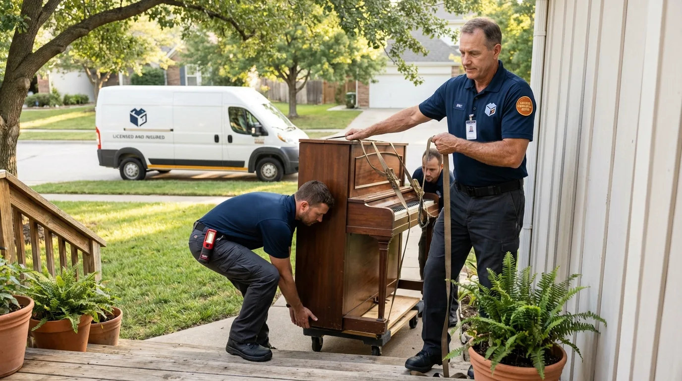 Licensed piano movers securing grand piano in Courtland, VA