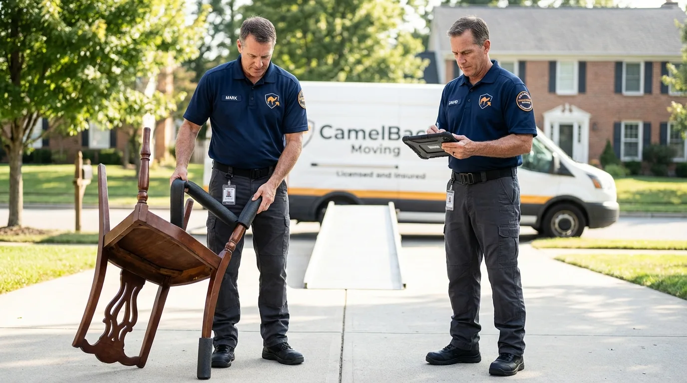 Movers inspecting furniture for damage prevention before loading in Courtland, VA