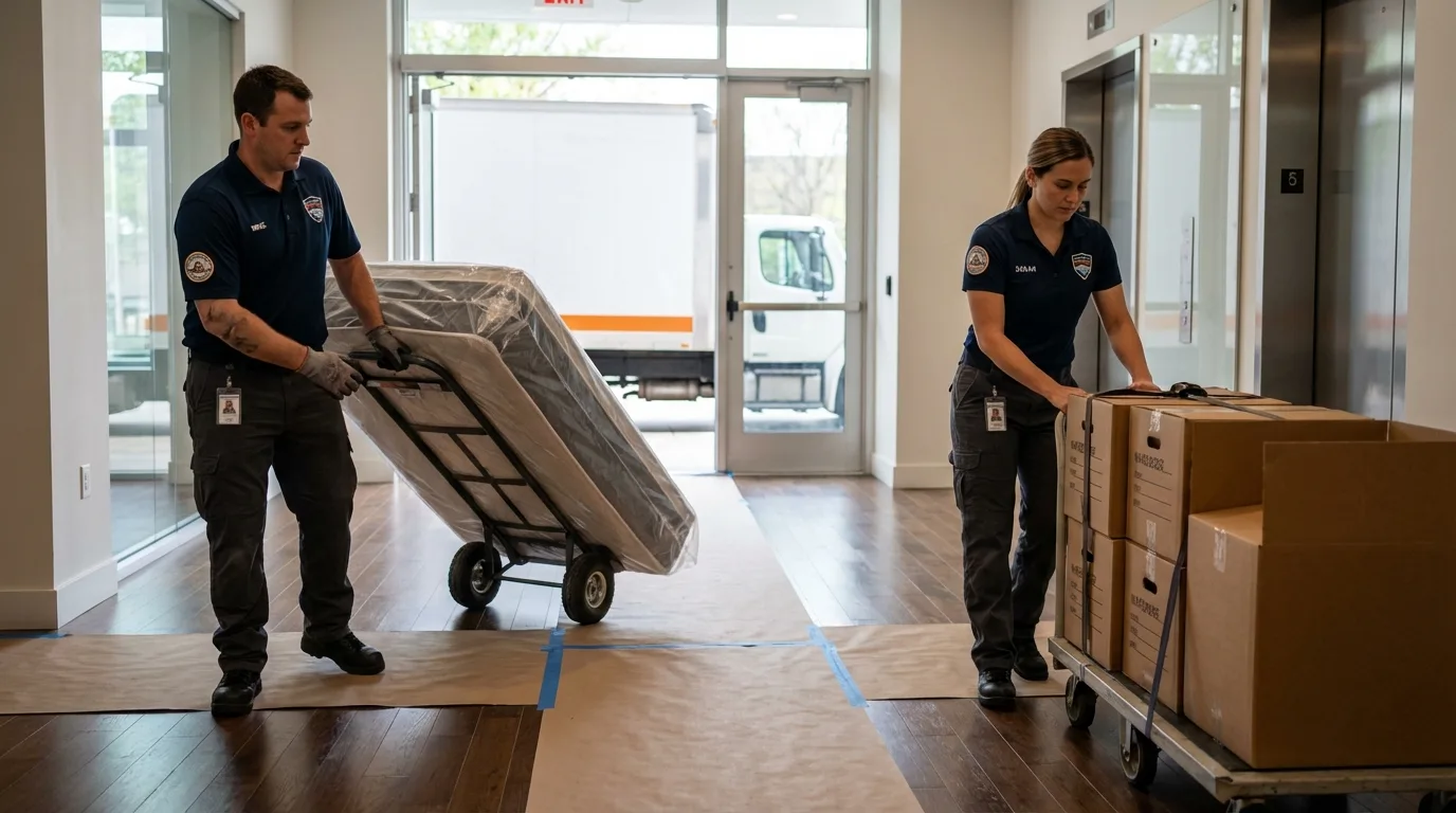 Professional apartment movers loading elevator in Courtland, VA