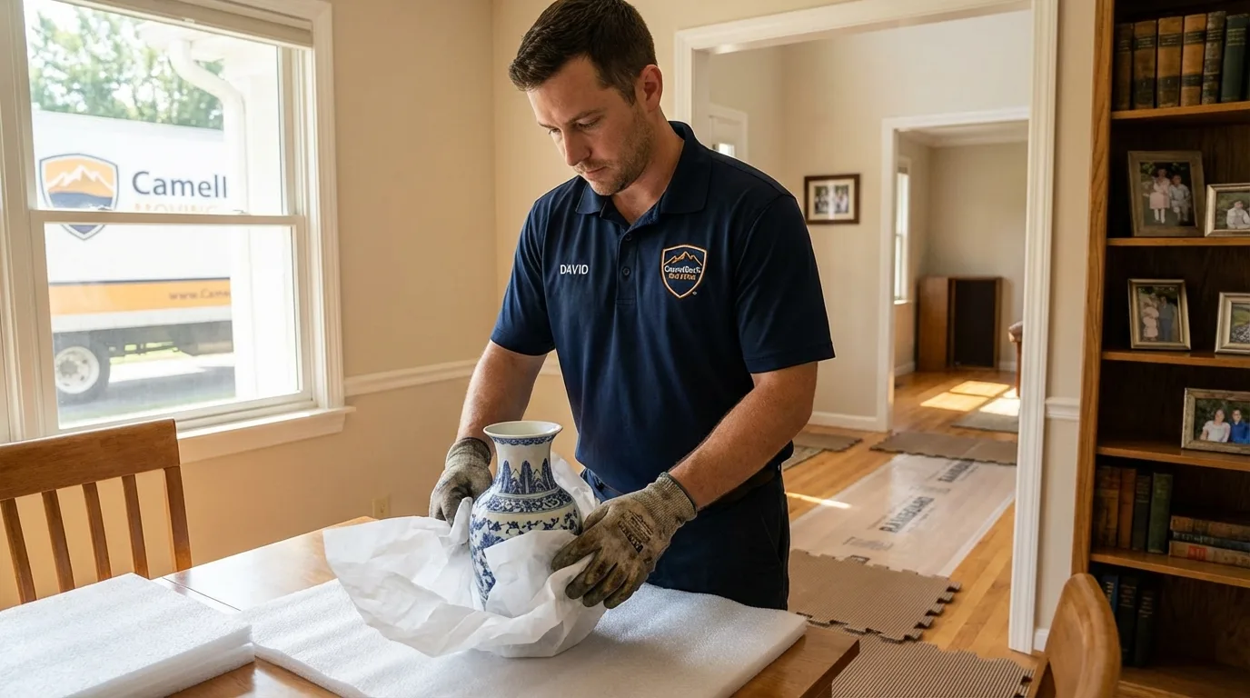 Professional crew carefully wrapping antique vase for senior downsizing move in Courtland, VA