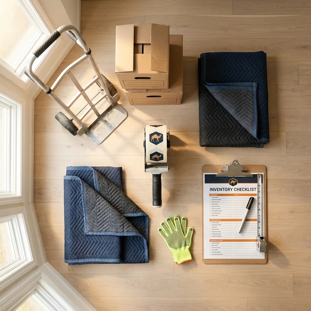 Professional moving supplies and packing materials layout for Courtland residential relocations